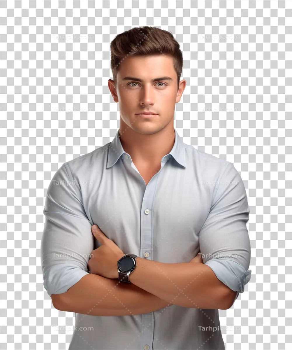 تصویر یک جوان با بازوهای جمع شده در برابر دوربین بر روی پسزمینه شفاف