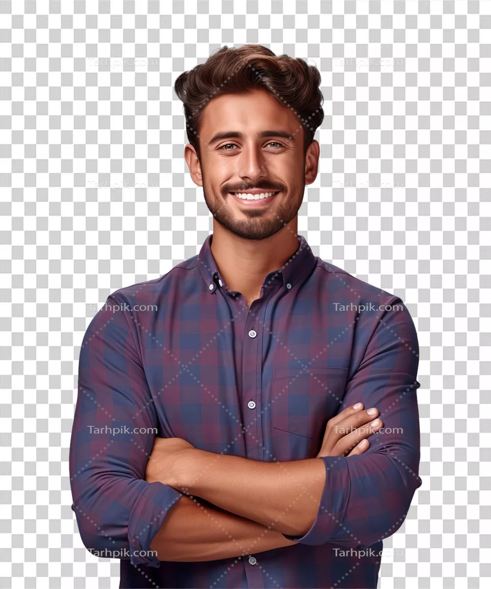 تصویر یک جوان مرد با دستان درهم قفل شده مقابل دوربین روی پسزمینه شفاف