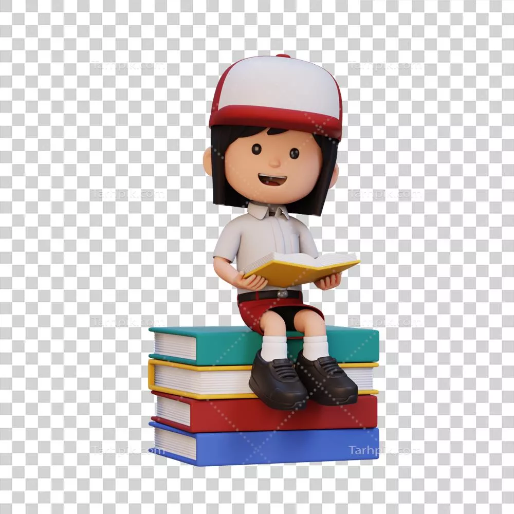 شخصیت دختر خوشحال سه‌بعدی در حال خواندن کتاب