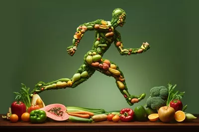 مفهوم مرد دویده مصنوعی با میوهها و سبزیجات برای زندگی سالم