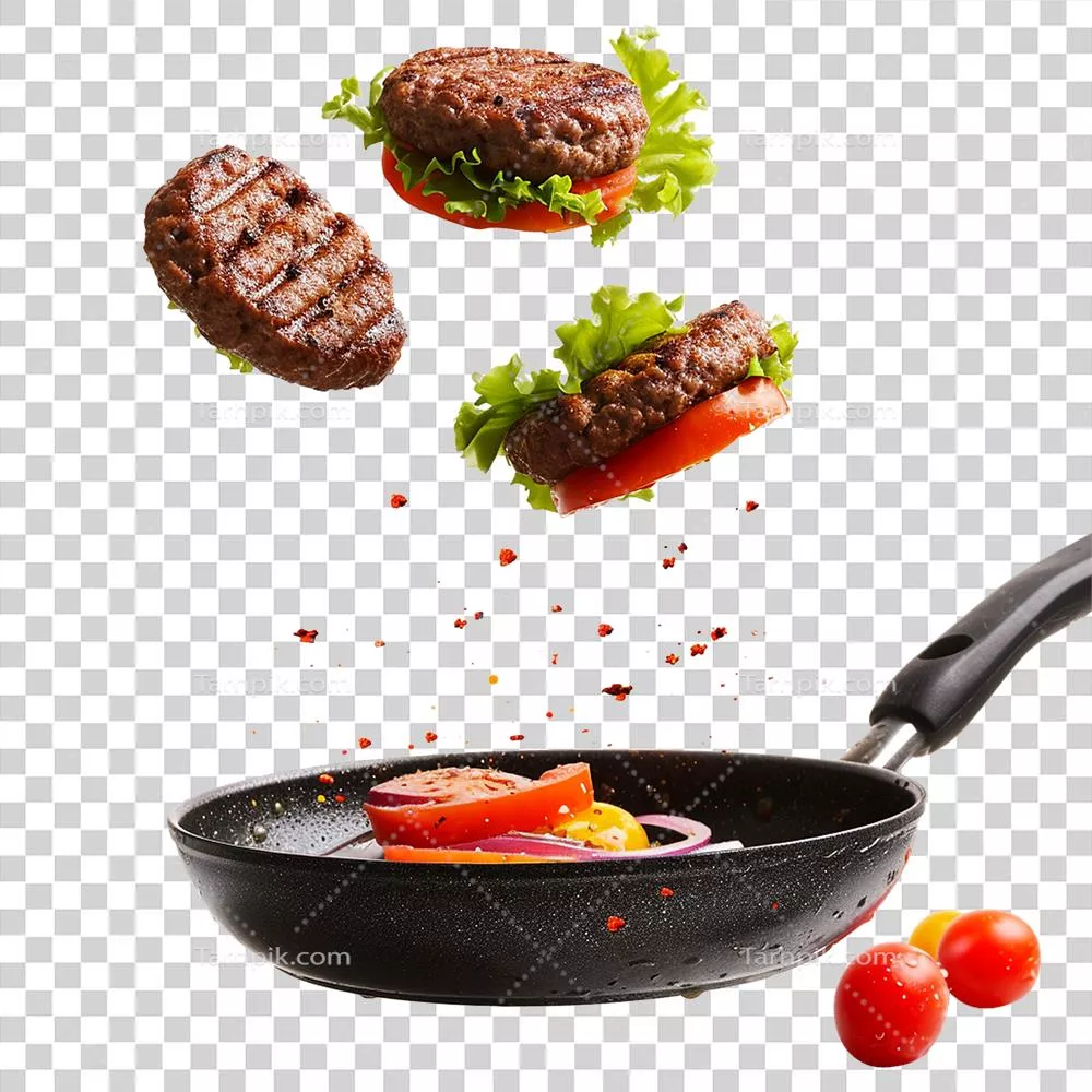 برگر خانگی تولید شده با هوش مصنوعی در حال پرواز در تابه سرخکردنی