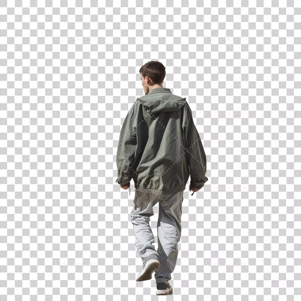 مردی با کاپشن سبز و طوسی و شلوار غیررسمی در حال راه رفتن از پشت به تنهایی
