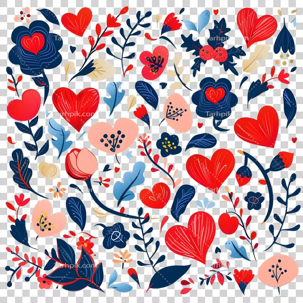 طرح پیوسته و عاشقانه گل ها و قلب ها با پس زمینه شفاف تولید شده توسط هوش مصنوعی