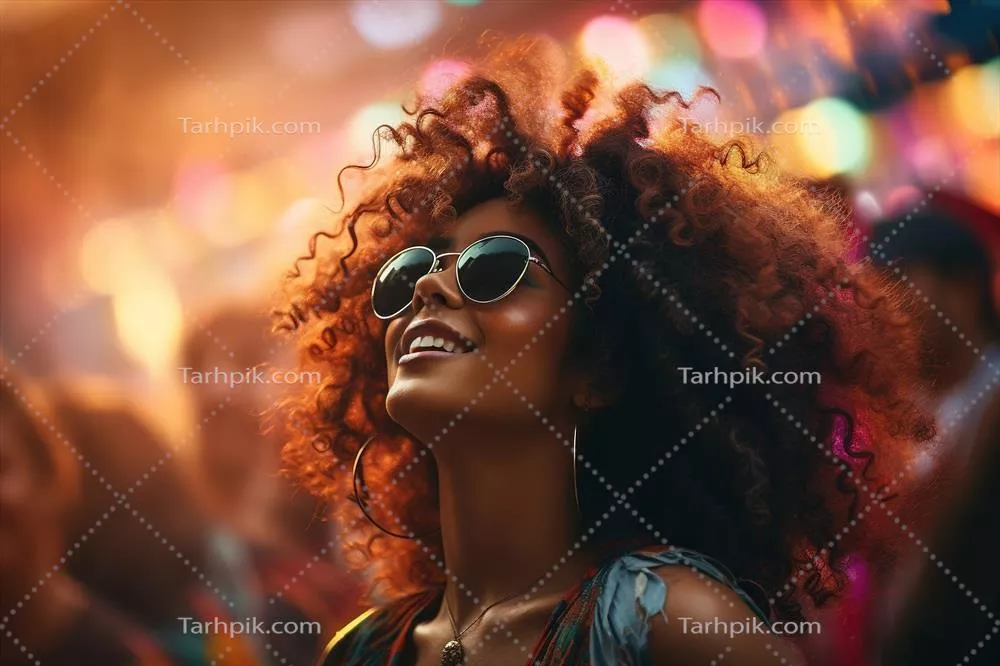 زن هیپی آفریقایی شاد با عینک در جشنواره موسیقی، لحظات زیبای زندگی را تجربه میکند