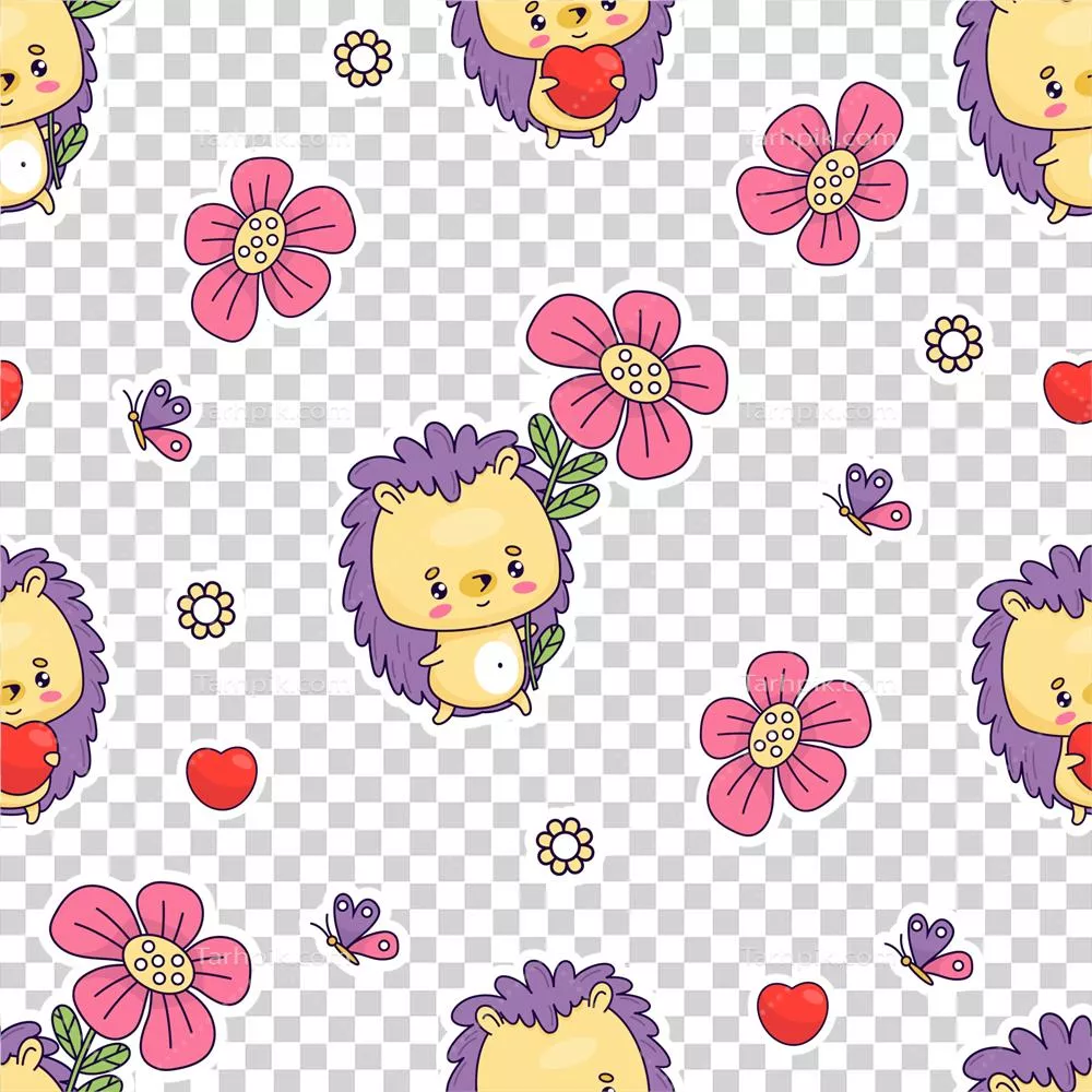 طرح بدون درز با جوجهتیغی شاد، قلب و گلهای زیبا