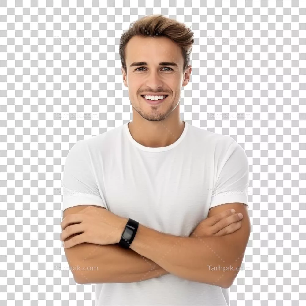 پرتره ساخته شده با هوش مصنوعی از جوان خوشتیپ و خوش smile با دستان تا شده