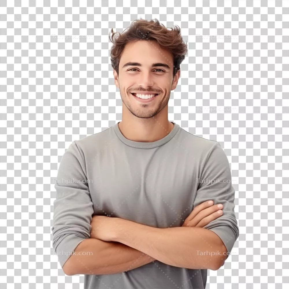 پرتره‌ای از یک مرد جوان خوش‌تیپ و خوش‌رو با آغوشی بسته به صورت هوش مصنوعی