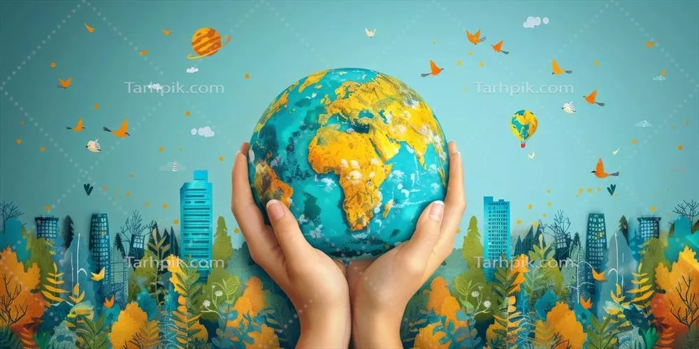 دست‌های مصنوعی با جهان و برگ‌های پاییزی به عنوان نمادی از حفاظت محیط زیست و زندگی پایدار