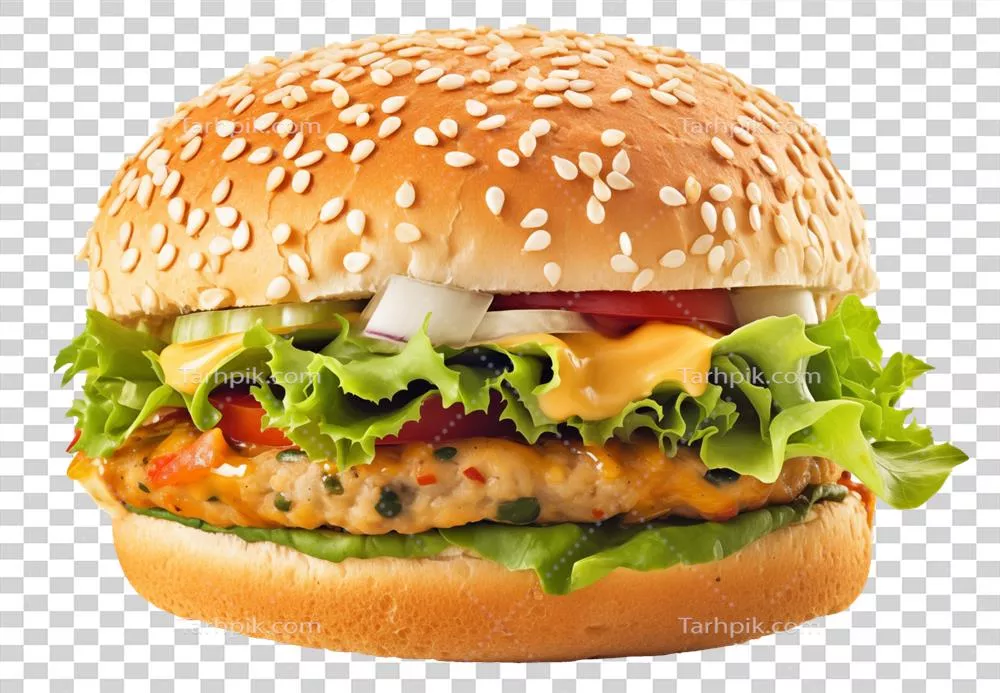 همبرگر خوشمزه و وسوسه‌انگیز تولید شده با هوش مصنوعی در پس‌زمینه شفاف