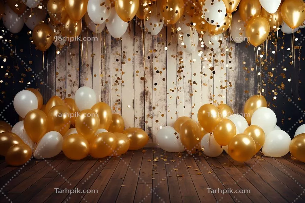 بالن های طلایی و سفیدی با شکوفه های طلایی بر روی زمینه سیاه برای جشن تولد، عروسی یا سال نو