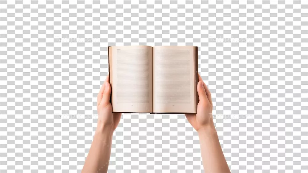 کتابی باز که در دست گرفته شده و با دقت جلوه می‌دهد