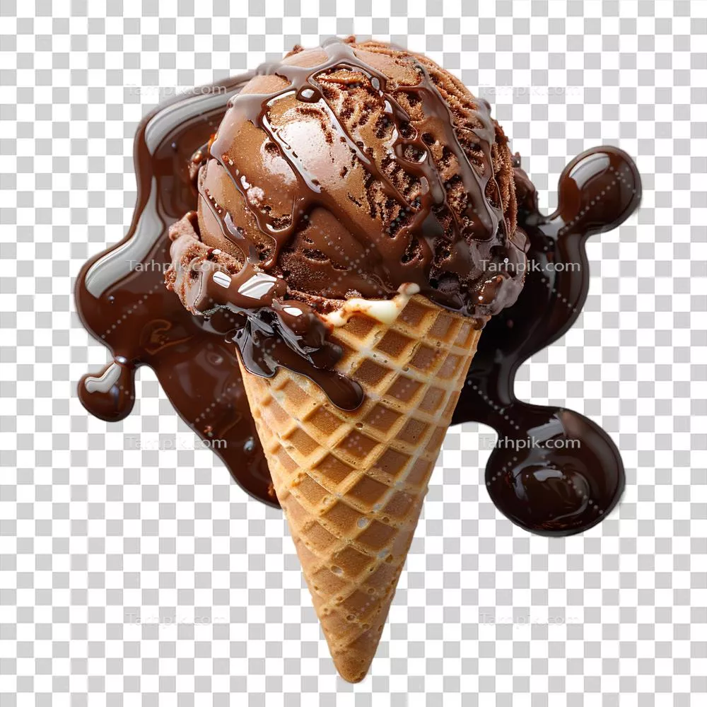 بستنی شکلاتی قیفی با تکه‌های شکلات و عطر کارامل، نمای از بالا