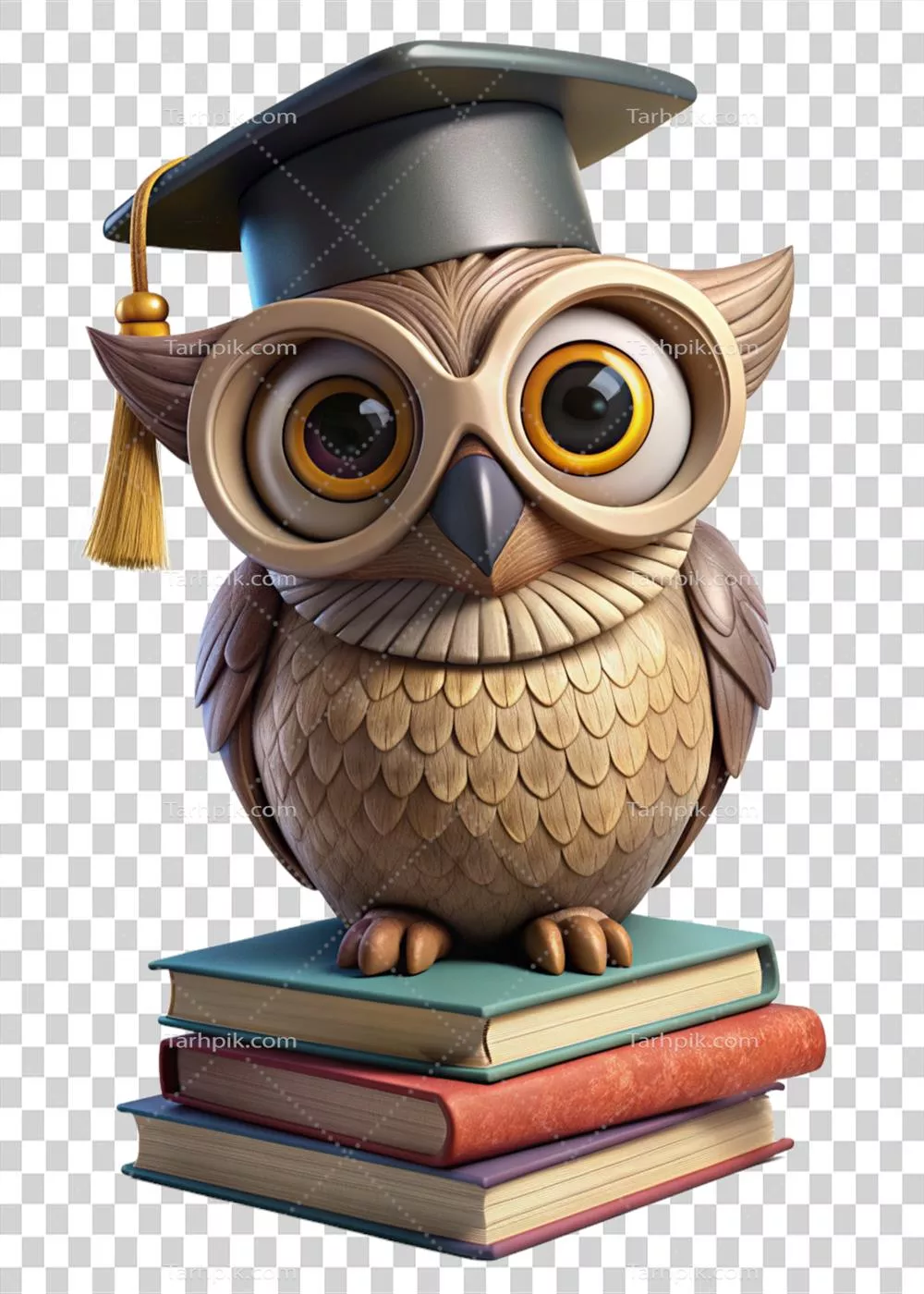 تصویر سه بعدی جغد حکیم با کلاه فارغ‌التحصیلی بر روی کتاب‌های انباشته