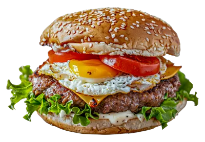 همبرگر با تخممرغ سرخشده و گوجهفرنگی بر روی آن