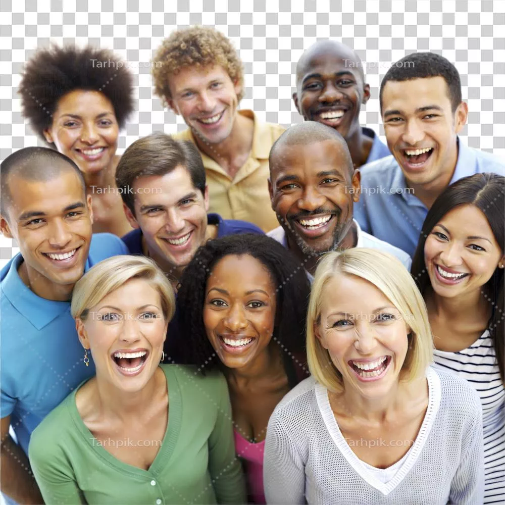 گروه متنوعی از افراد که با هم میخندند و لبخند میزنند