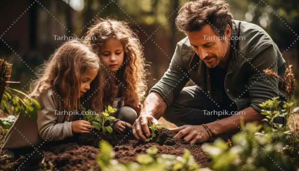 یک خانواده در باغچه خود گل و سبزیجات کاشت می کنند تا سبک زندگی پایدار و متصل را نمایش دهند