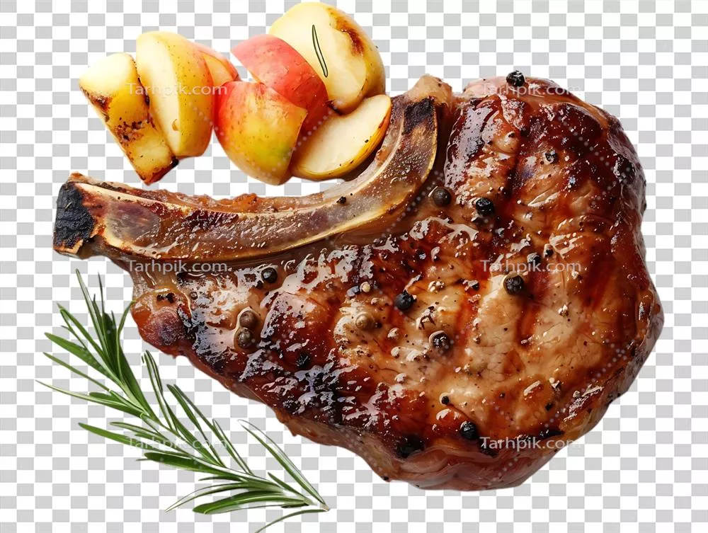 تصویر واقعی از برشهای گوشت خوک گریل شده با سیب و رزماری