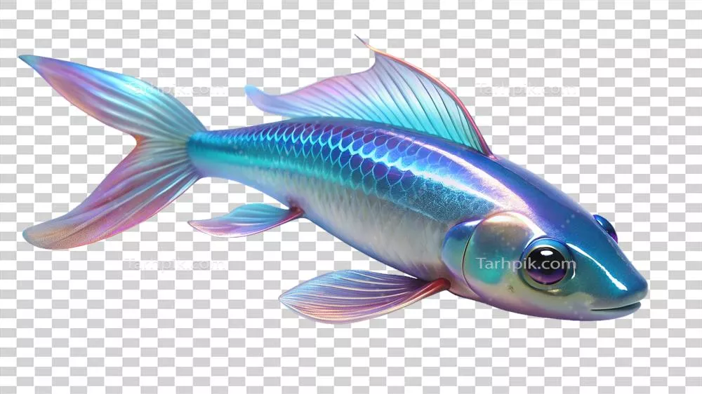 ماهی زیبا و کوچک با رنگهای نئون و درخشان بیولومینسنت در پسزمینه شفاف