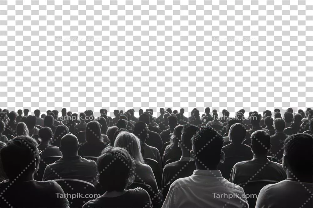 تعداد زیادی از مردم در یک تئاتر نشسته‌اند بر روی پس‌زمینه شفاف