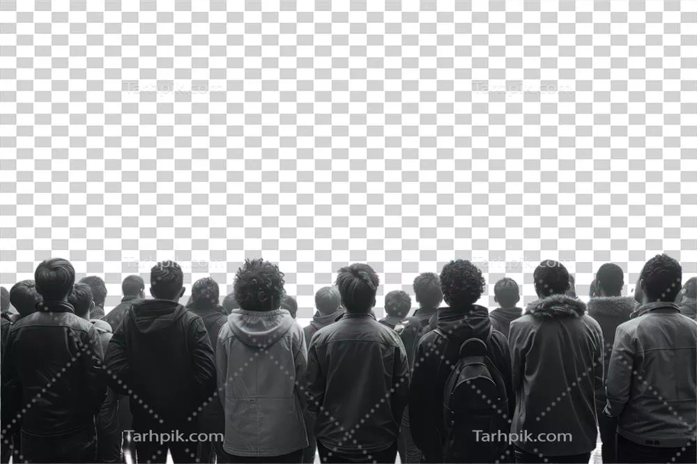 دستهای از مردم در حال ایستادن در صف با کولهپشتی بر دوش در پسزمینه شفاف