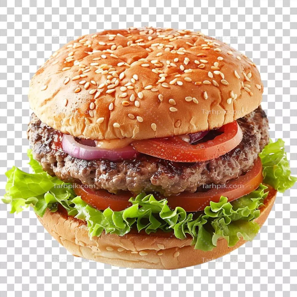 برگر تازه تهیه شده با کنجد، کاهو، گوجهفرنگی و پیاز