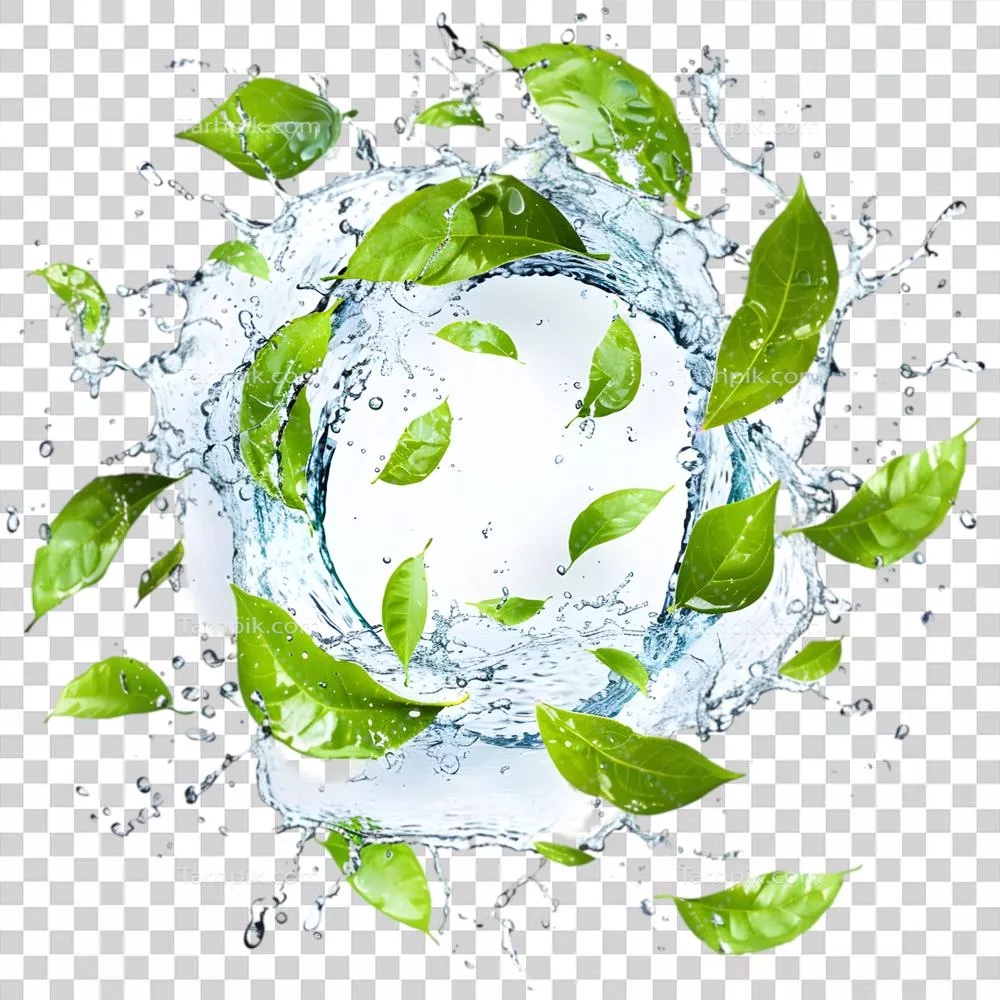 برگهای سبز با آبپاشی بر روی پسزمینه شفاف به صورت جداگانه