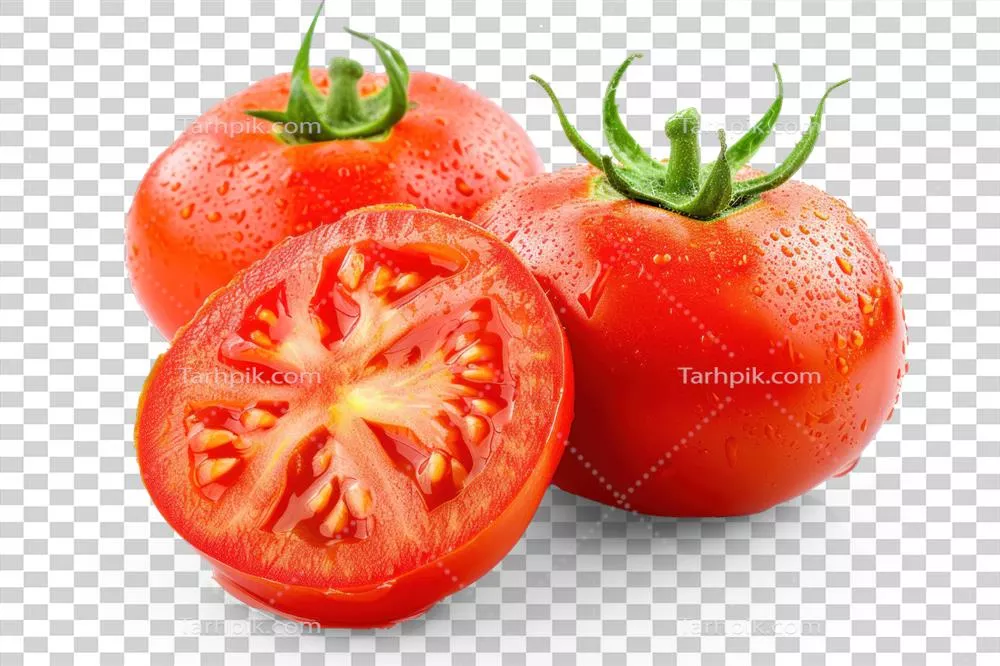 گوجهفرنگیها با قطرات آب روی پسزمینه شفاف