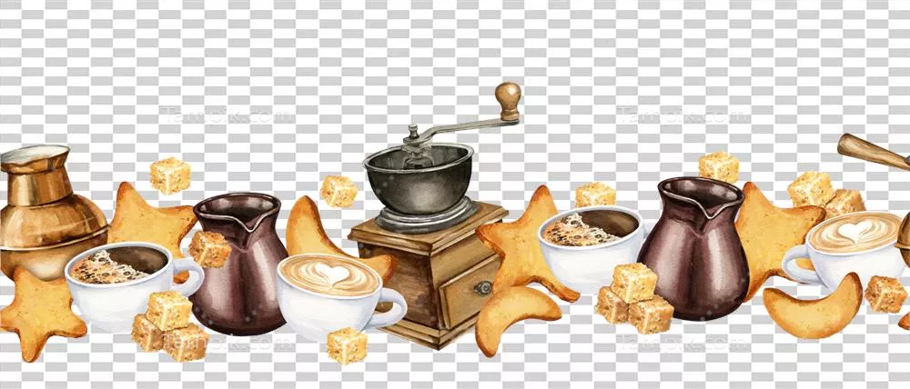 حاشیه بدون درز آبرنگی با تم قهوه شامل قوری ترک، فنجان اسپرسو و کپسول قهوه قهوه‌ای