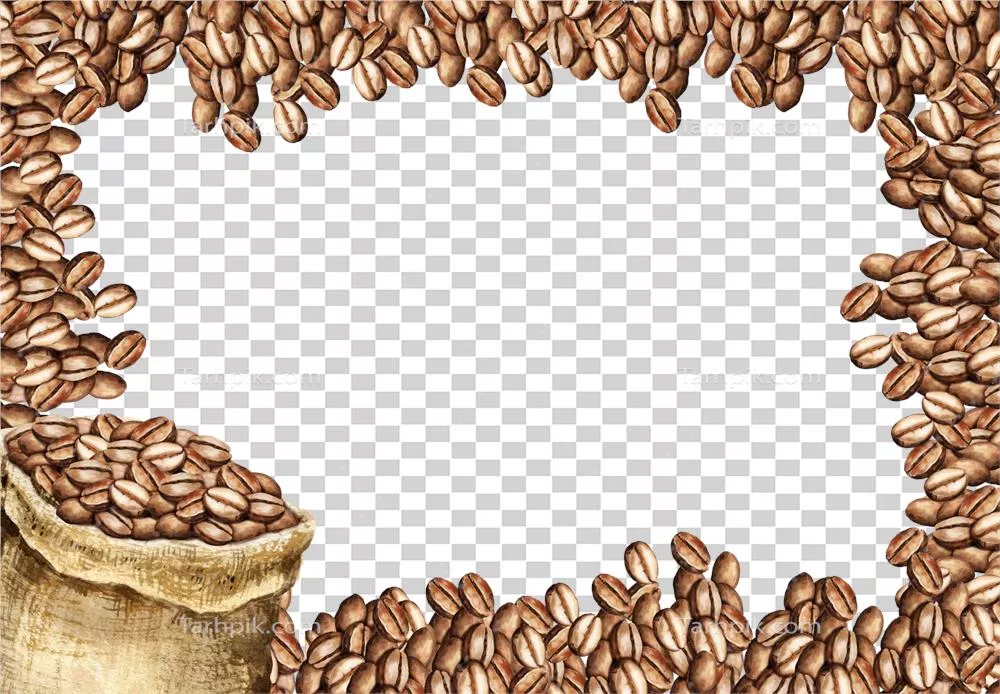 تصویر آبرنگی با قاب افقی حاوی دانه‌های قهوه و کیف قهوه‌ای کامل