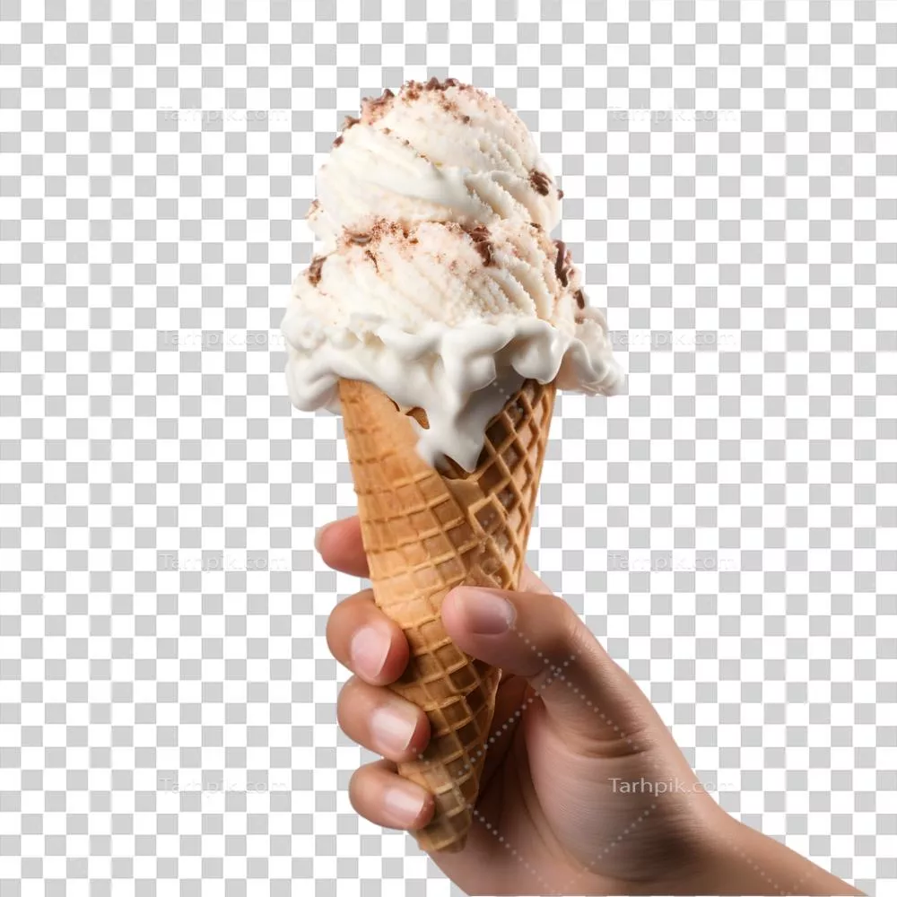 نگه داشتن قیف بستنی در دست بر روی پس‌زمینه شفاف