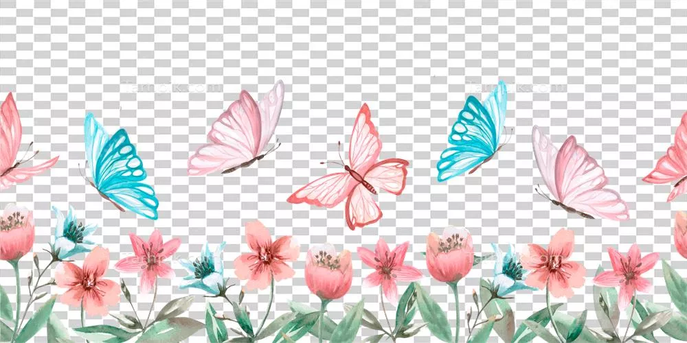 تصویر آبرنگی از پروانه‌ها و گل‌ها در حاشیه‌ای پیوسته برای دکوراسیون اتاق‌های کودکانه