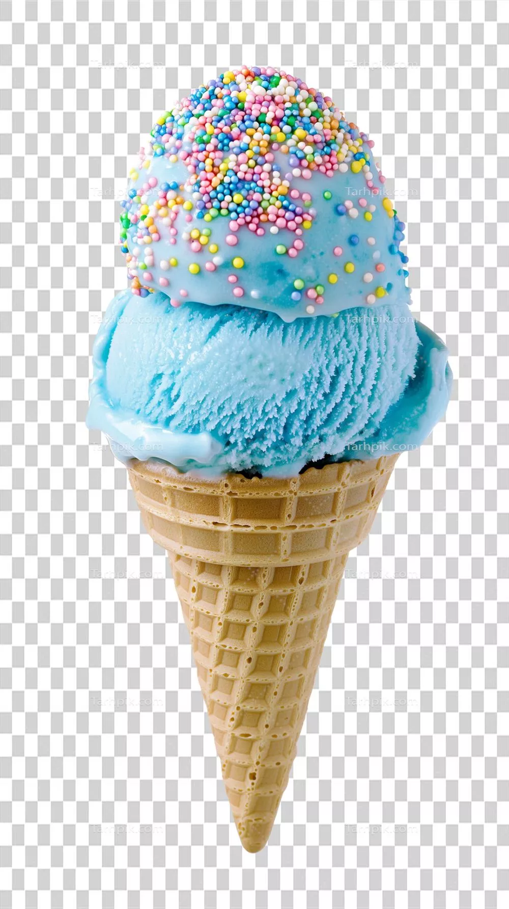 بستنی قیفی بابل گم با رنگین کمان و دانه‌های رنگی در پس‌زمینه شفاف