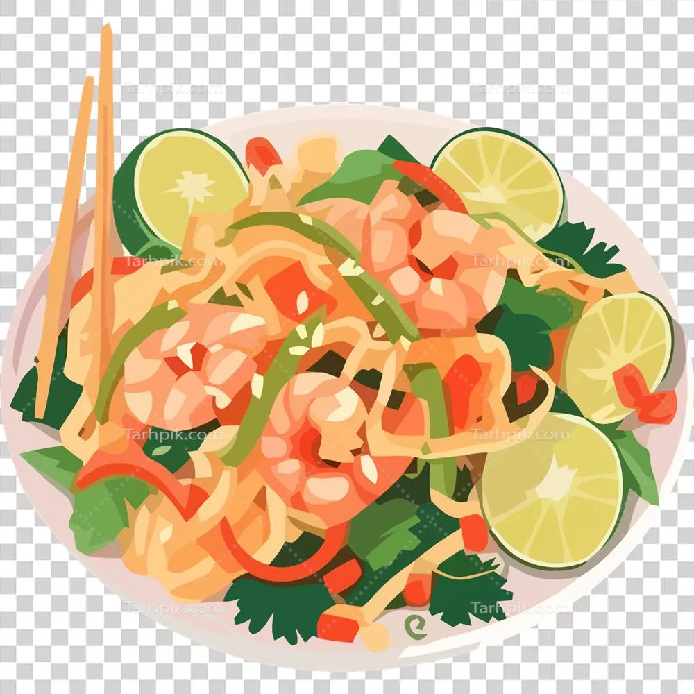 دسته‌ای ماکارونی با میگو و سبزیجات تازه در یک بشقاب خوشمزه