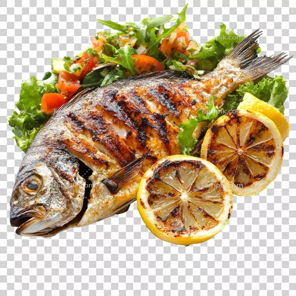 ماهی کبابی با سالاد و برش لیمو - تصویر شفاف و بدون پس‌زمینه