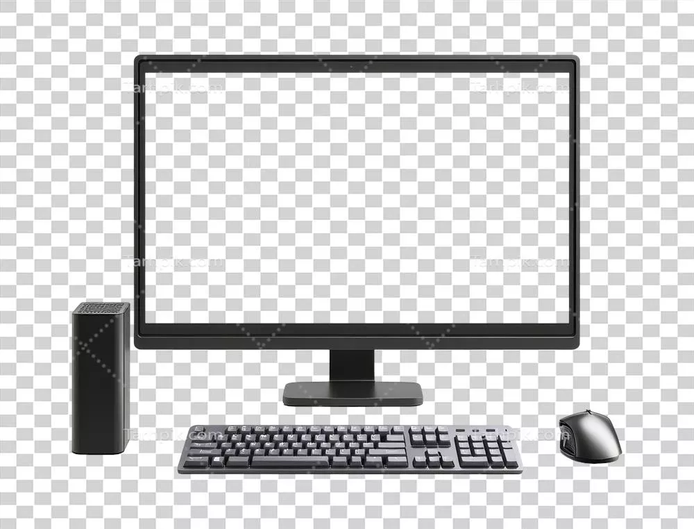 تنظیمات دسکتاپ شامل مانیتور، کیبورد و ماوس در پسزمینه شفاف