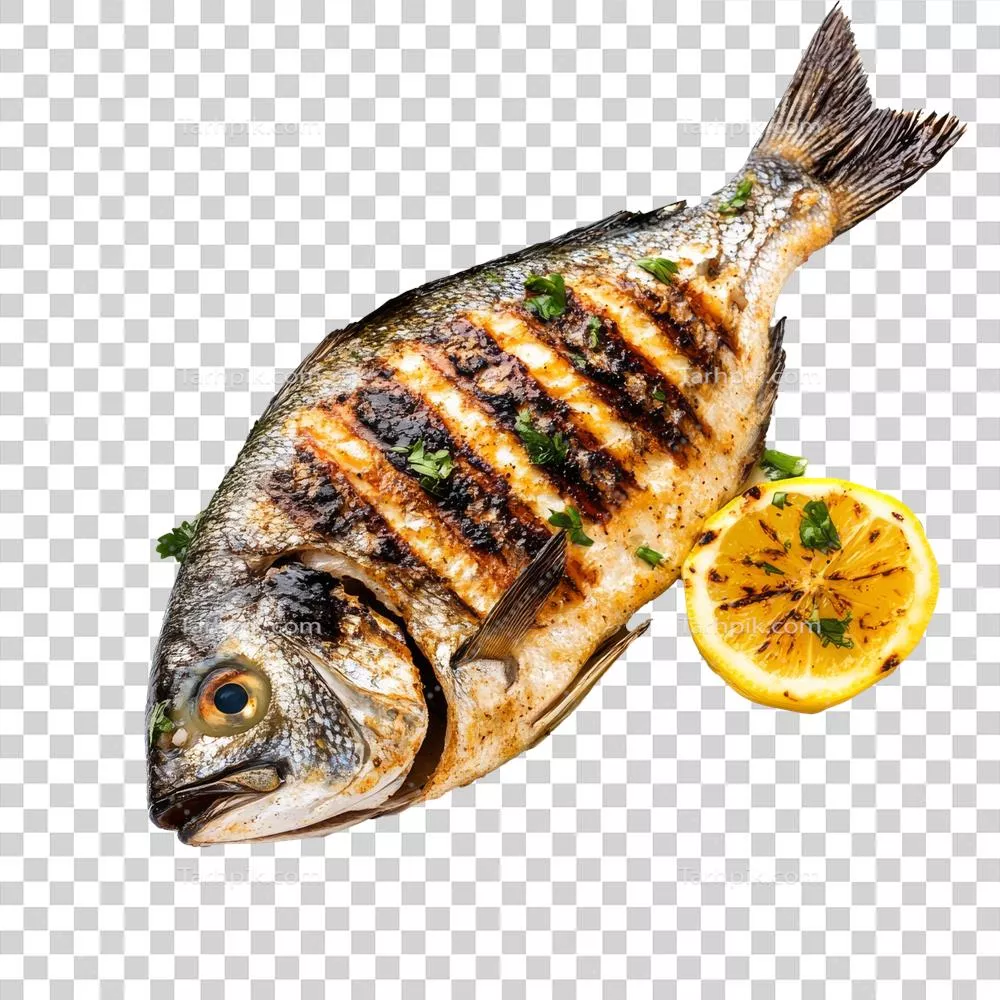 ماهی کبابی لیمویی بر روی بشقاب سفید با پس‌زمینه شفاف