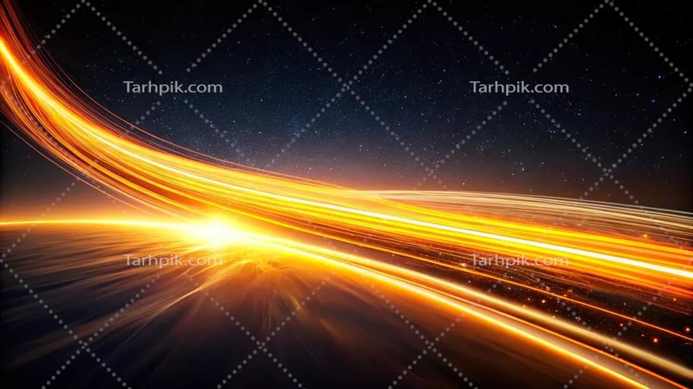 نوارهای نوری انتزاعی نارنجی در آسمان تاریک با پس‌زمینه سیاه و حاشیه‌های سفید و زرد
