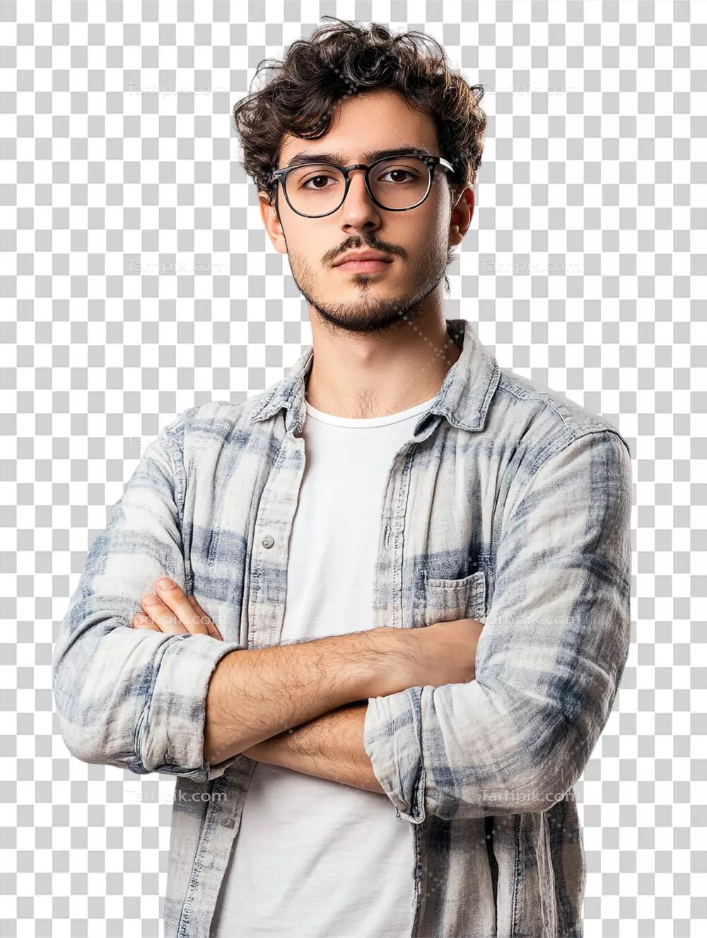 پرتره‌ای از یک جوان با عینک که دستانش را ضربدری گذاشته است