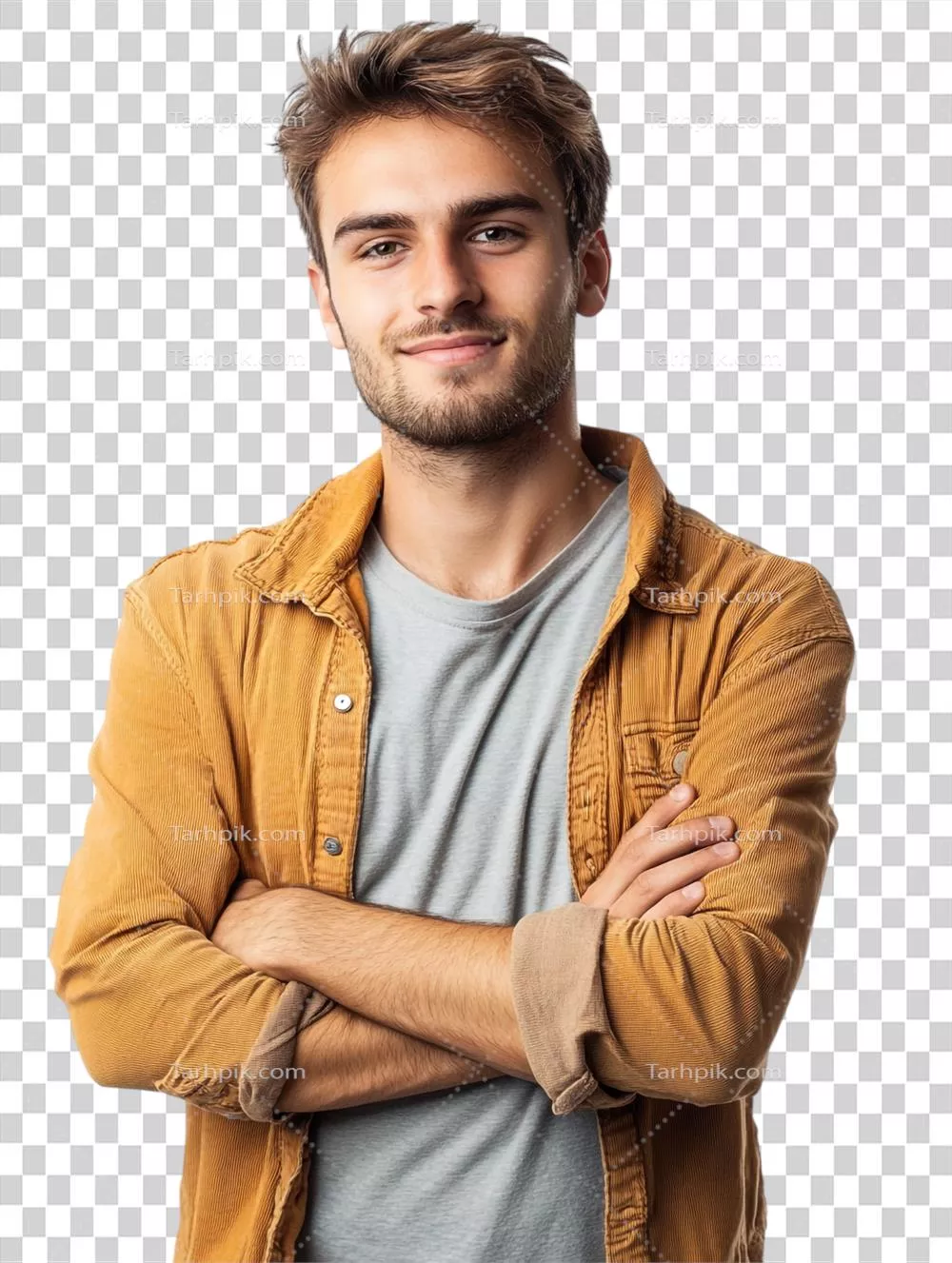 پرتره ای از یک جوان با دست‌های در هم قفل شده در حالت تفکر