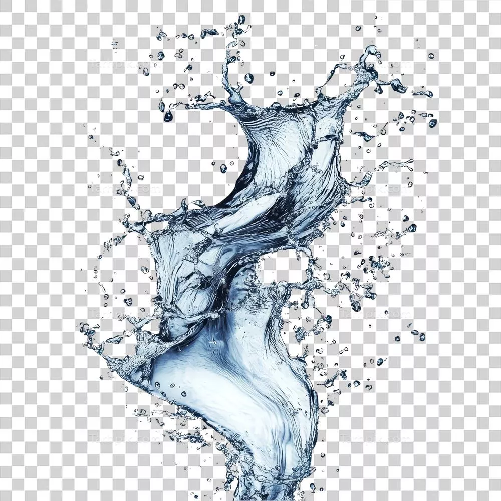 نمایش انفجار آب پیچشدار در هوا با پسزمینه شفاف و دینامیک مایع