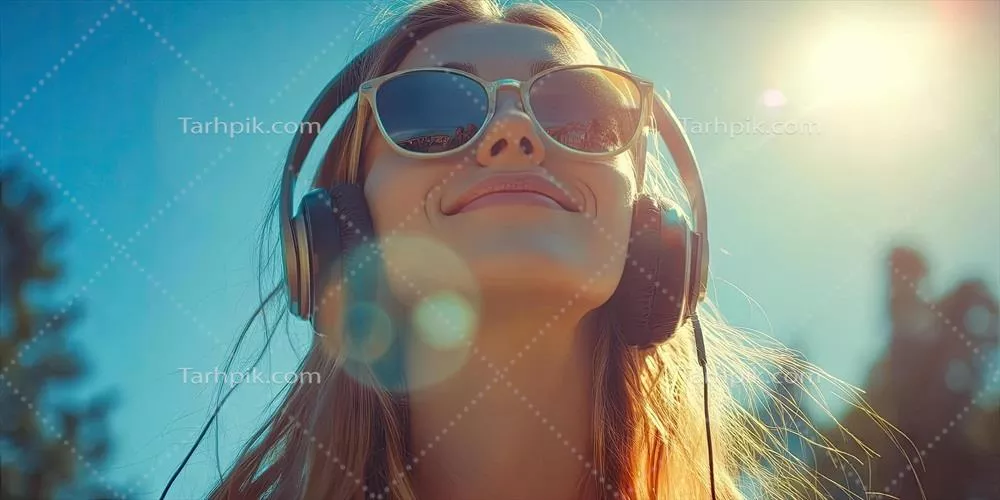 زن جذاب در حال لذت‌بردن از موسیقی در فضای باز در یک روز آفتابی