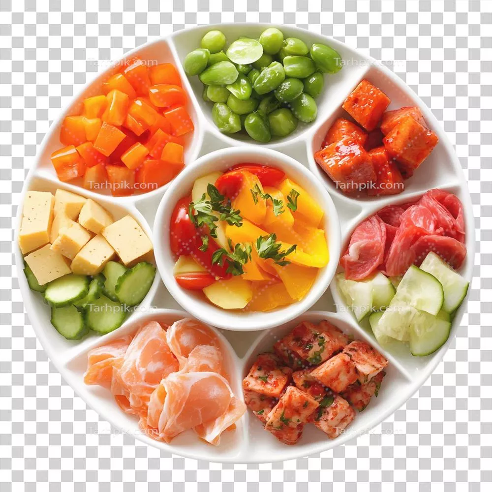 سفید ظرف با انواع غذاها شامل سبزیجات و گوشت های مختلف