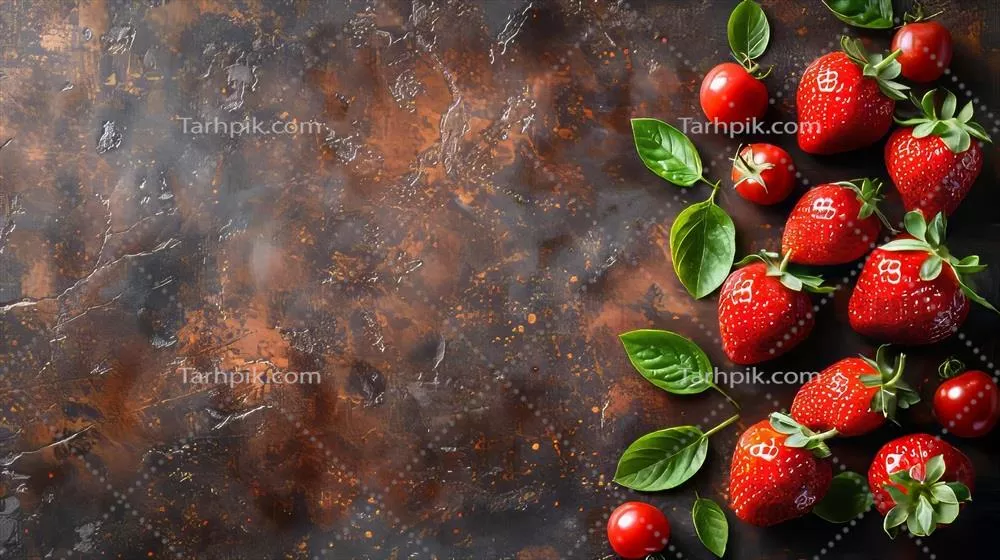 سه توت فرنگی تازه و ارگانیک روی میز چوبی با پس‌زمینه‌ای از طبیعت