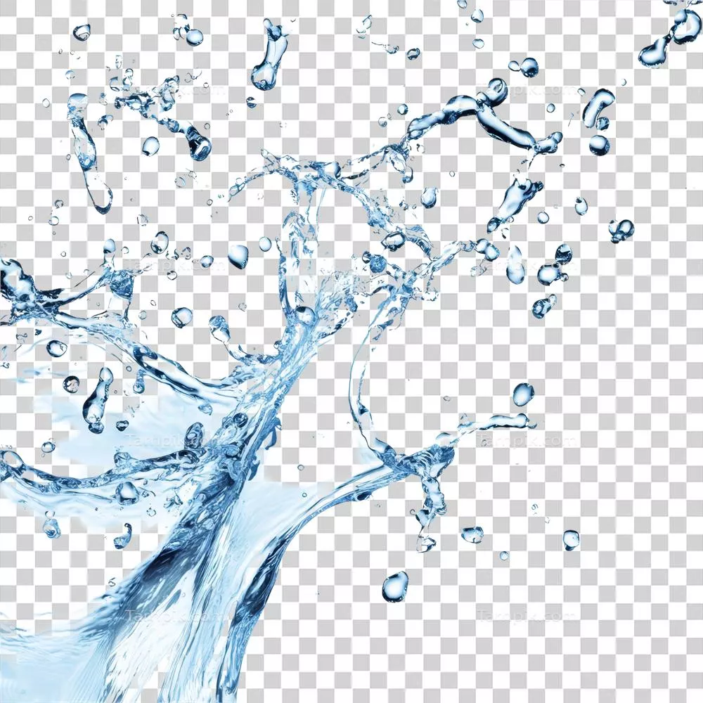 تصویر دینامیک آب با جزییات بالا و قطرات خنک در حال حرکت در پس زمینه شفاف
