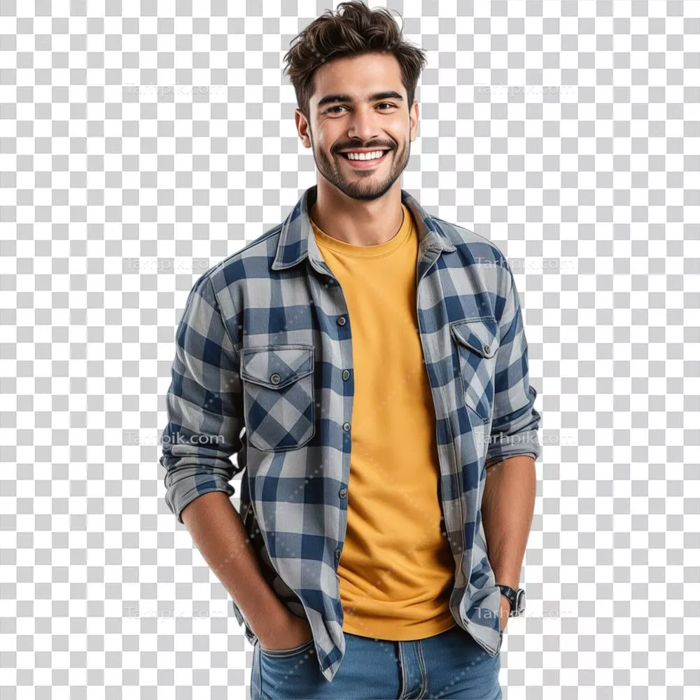 مردی با پیراهن چهارخانه و دستان در جیبهایش