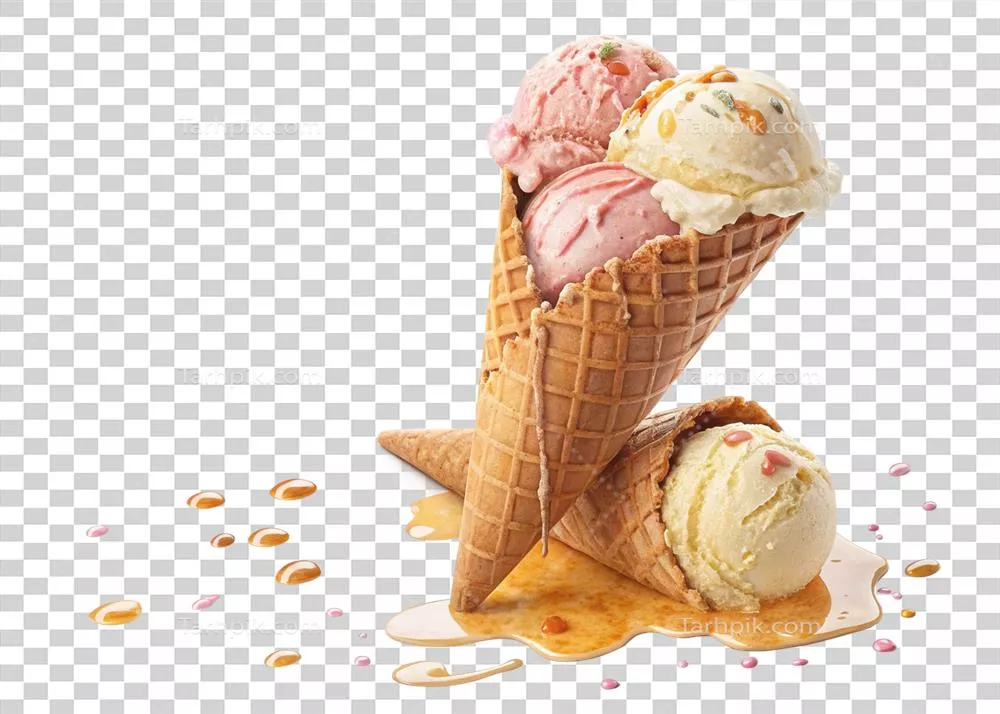 بستنی سه اسکوپ خوشمزه در مخروط: شیرینی های ذوب شده و دلپذیر