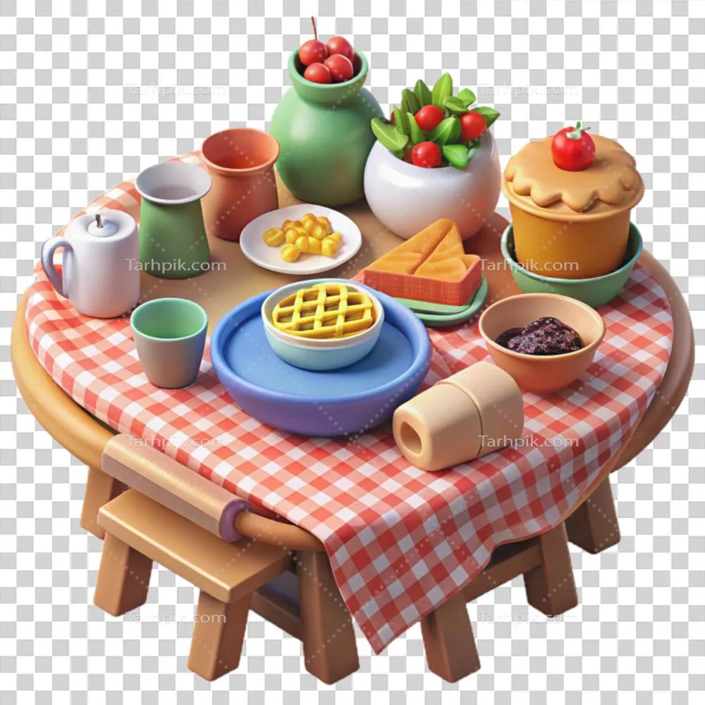 صحنه دلپذیر پیک نیک با میز و سفره چک زنی پر از غذا و نوشیدنی
