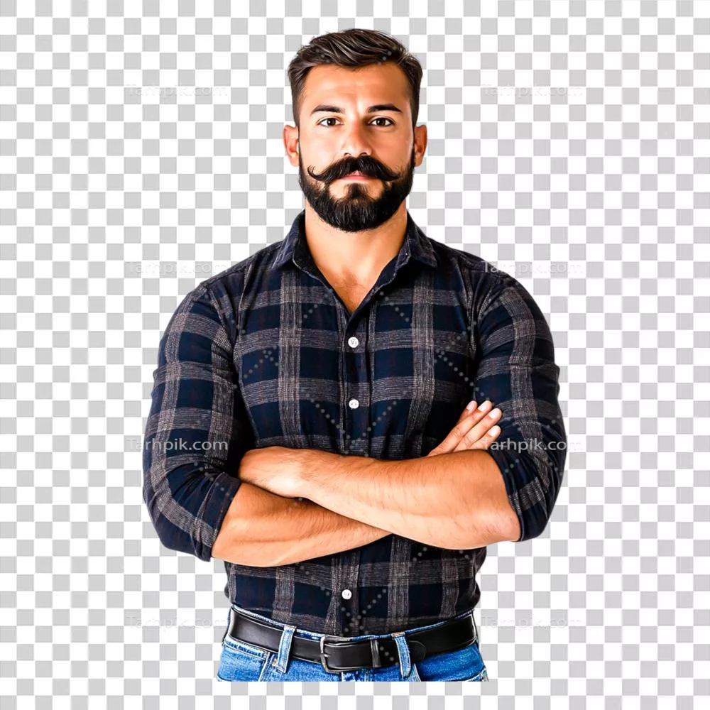 مرد با اعتماد به نفس، سبیل و پیراهن چهارخانه ایستاده با افتخار
