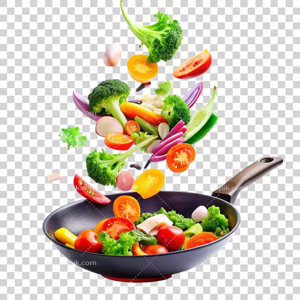 ترکیب زندهای از سبزیجات تازه در یک وک سیاه برای تهیه غذایی سالم و خوشمزه
