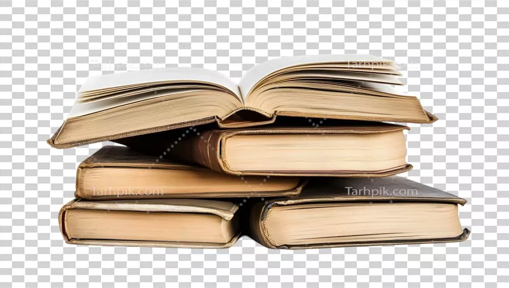 توده‌ای از کتاب‌ها بر روی زمینه‌ سیاه با جلوه‌ای هنری